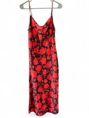 Bar III Satin Black Dress with Red Floral Print